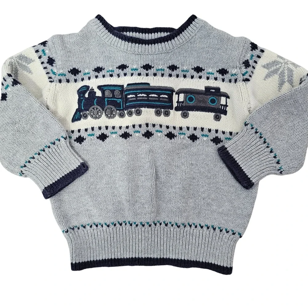 Gymboree Dressed Up Boys Grey Blue Train Knit Cotton Sweater 6-12 Months